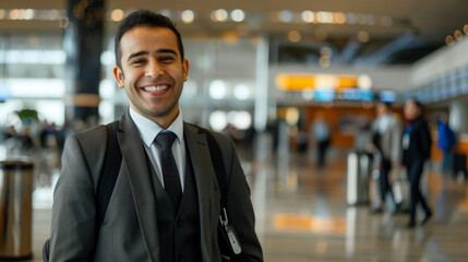 Young happy executive latin man at the airport