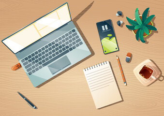Fototapeta premium Top view of workspace with computer, stationery, coffee cup and plant on wooden table. cartoon flat lay of workplace with monitor, keyboard, mobile phone, note book and headphones on desk