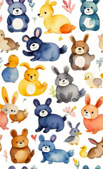 Watercolor illustration, seamless children's pattern with plush toys, template for print on fabric, paper, wrapper,