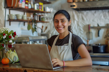 Portrait of smiling Hispanic woman in apron using laptop at wooden counter in the style of small business concept.