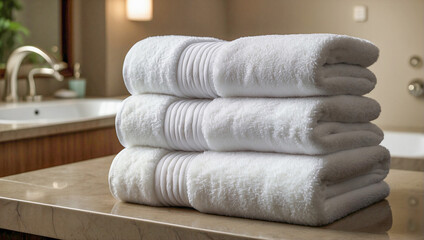 A stack of white terry towels close-up. - obrazy, fototapety, plakaty
