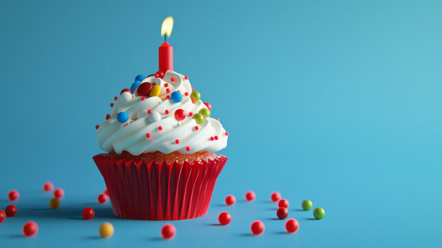 A festive birthday cupcake with a lit candle and colorful sprinkles.