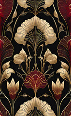 Vector illustration, art deco golden seamless floral pattern on black background with shades, Vintage geometric line motif, Elegant luxury design for wallpaper print, packaging, wrapping paper, weddin
