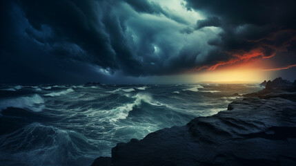 A dramatic HDR capture of a storm brewing over the ocean, with dark, ominous clouds contrasting against the rough sea waves.