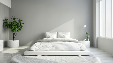 Sleek Minimal Bedroom Decor with White Platform Bed and Grey Walls