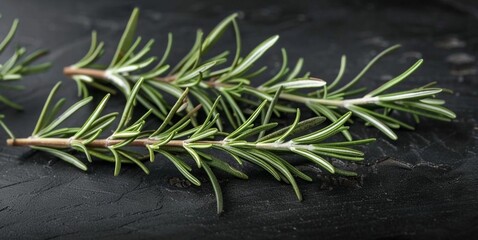 Close-up of two rosemary stems on a dark surface - obrazy, fototapety, plakaty
