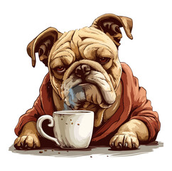 Grumpy bulldog holding coffee mug