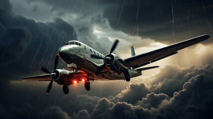 A dramatic HDR image of a plane flying through a storm, with dark, moody clouds and the occasional flash of lightning. - obrazy, fototapety, plakaty
