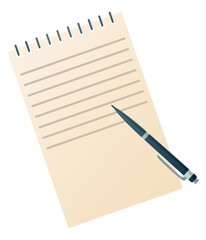 Top view of empty blank notebook and pen. Note pad paper sheet. Isolated notepad with pen