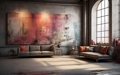 old room with a sofa and painting behind the sofa