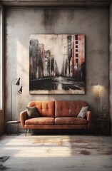 old room with a sofa and painting behind the sofa, Romantic Graffiti Hearts: High-Detailed Luxury with Dark Cyan and Black Street Art Flair