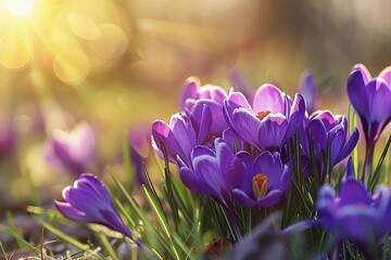  Purple flowers in the field with the sun behind them