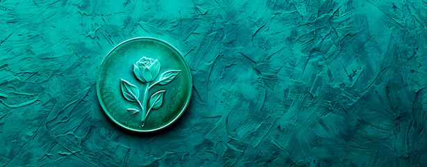 An antique coin with a rose on a green background - obrazy, fototapety, plakaty