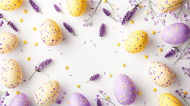 Easter frame with purple and yellow Easter eggs with different ornaments, spring flowers on a light background with copy space for text - Powered by Adobe
