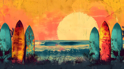 Vintage Sunset and Surfboards Tropical Scene