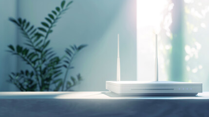 white router for home Internet and television networks, online communication on a white tabletop in the background of a light home interior with neon lighting and copy space