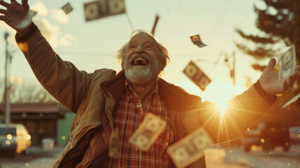 A senior man playfully tosses money into the air, his laughter echoing against the backdrop of serene isolation as he embraces the freedom of living in the moment, retirement savings. - obrazy, fototapety, plakaty