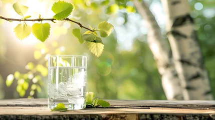 Foto auf Glas A glass of fresh birch sap, against the backdrop of a birch grove in the rays of the spring sun with a copy space. © Tetiana