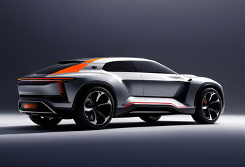 Obraz premium Futuristic future car concept, realistic science fiction, dark metal car on the road in the city,