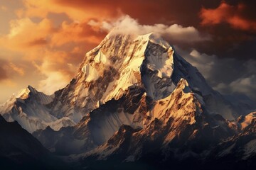 Mountain range with snow on top illuminated by the setting sun
