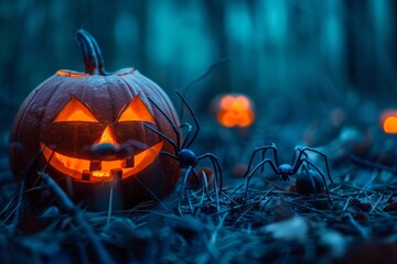 Halloween with carved and illuminated pumpkin with spiders at night in forest blue. Elevated view. Horizontal composition.