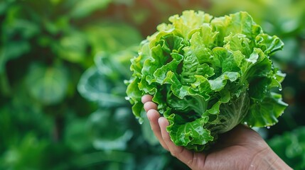 Fresh lettuce leaves held in hand, assorted lettuce on blurred background with copy space