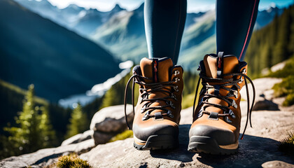 female legs in hiking boots against the background of mountains and nature, concept of hiking and...