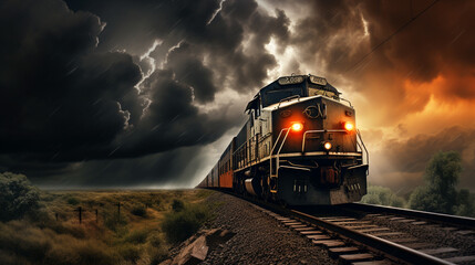 A dramatic thunderstorm scene with a train traveling under stormy skies, the HDR enhancing the dark clouds and intense atmosphere. - obrazy, fototapety, plakaty