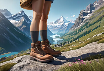 female legs in hiking boots against the background of mountains and nature, concept of hiking and...