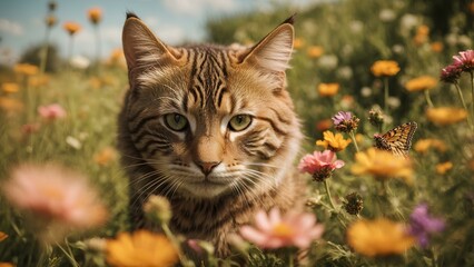 A playful tabby cat, chasing a butterfly through a field of wildflowers, its fur ruffled by the gentle breeze