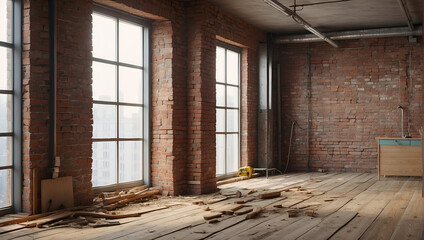 Empty room with brick walls and broken wooden floor, renovation, construction.