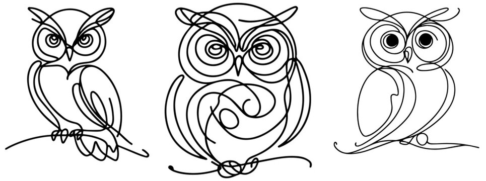 owl drawn with thin line minimalist night bird illustration black vector laser cutting engraving