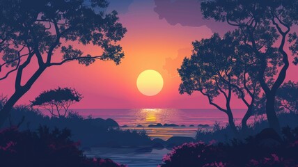 Stylized digital art of ocean sunset - Stylized depiction of a romantic sunset at the ocean, framed by dark foliage and calm waters