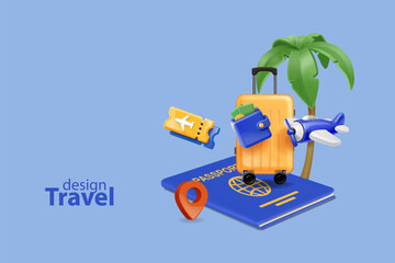 Travel concept. Luggage or baggage and airplane on passport, palm tree, wallet and travel tickets, 3d traveling poster design - 762534623