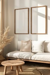 Fototapeta premium Cozy interior with sunlight casting shadows on a comfortable sofa and blank picture frames.