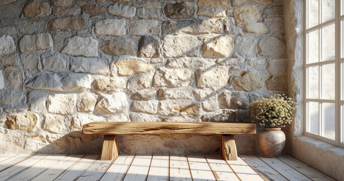 Country Charm - A Rustic Wooden Bench Graces the Entryway of a Modern Home, Complemented by a Wild Stone Cladding Wall