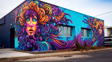 Explore the urban landscape adorned with a stunning street art mural boasting bold and psychedelic...