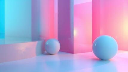 Vibrant spheres in gradient corridor - Two smooth spheres rest on a glossy floor with pink and blue gradient walls casting soft light