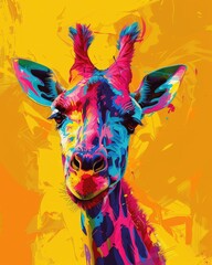 Vibrant Pop Art style colorful giraffe portrait - A playful, colorful digital portrait of a giraffe in bold Pop Art style evokes joy and creativity