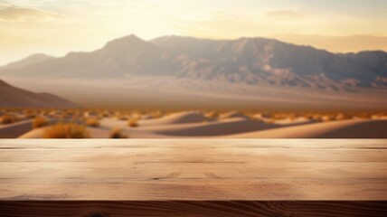 Fototapeta na wymiar The empty wooden brown table top with blur background of desert dune mountain. Exuberant image. generative AI
