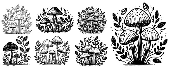 magical mushrooms in forest with leaves mushroom collection black vector laser cutting engraving