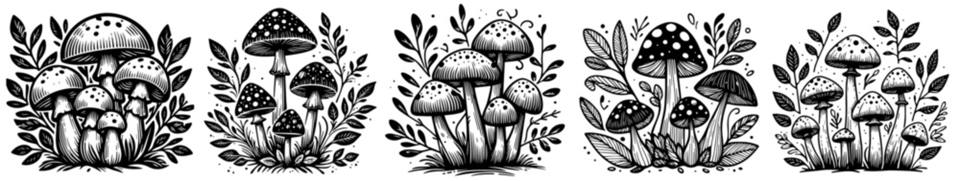 magical mushrooms in forest with leaves mushroom collection black vector