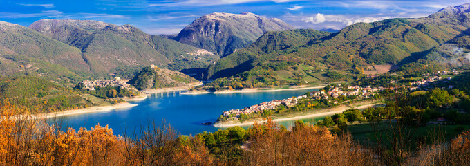 Italian scenic places . beautiful lake Turano and village Colle di tora and Castel di tora. Rieti province, Italy - 762535064
