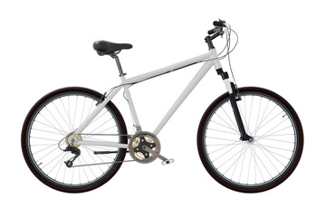 White bicycle, side view. Black leather saddle and handles. Png clipart isolated on transparent...