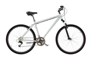 White bicycle, side view. Black leather saddle and handles. Png clipart isolated on transparent background