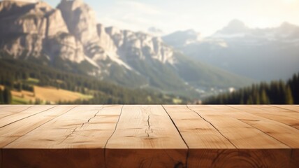 Obraz premium The empty wooden brown table top with blur background of dolomite mountain. Exuberant image. generative AI