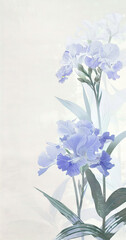 Obraz premium A long vertical poster, with three orchids on the right, adopts Japanese painting style, blue and light purple tones, delicate details of petals and green leaves
