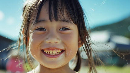 A japanese child in her 4s, big smile, she is concerned about my dental alignment