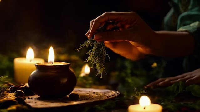 a woman burns herbs in her hands. Selective focus. people.
