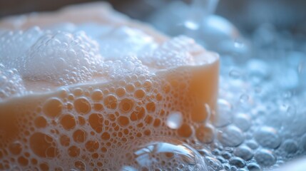 Close-Up View of a Soap Bar With Bubbles in Bright Daylight - obrazy, fototapety, plakaty